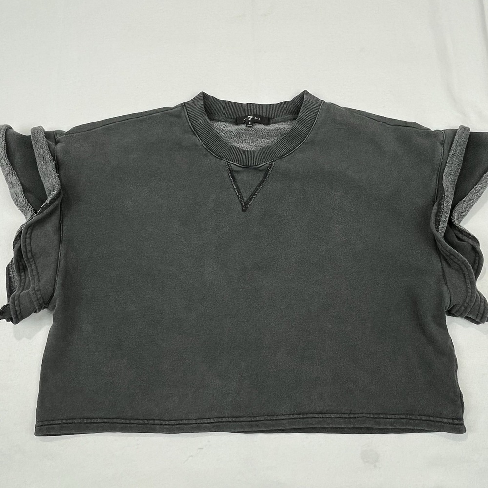 7 For All Mankind Top‎ Women S Gray Crop Sweatshirt Ruffle Short Sleeve Pullover